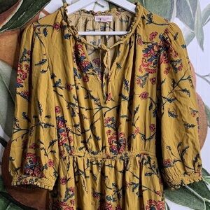 Knox Rose Folkloric Bohemian Floral Dress in Mustard Yellow, Large